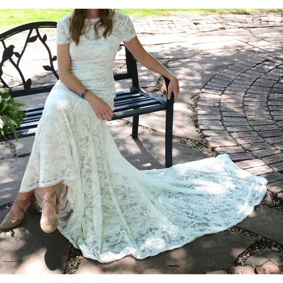 Melissa Sweet Ivory Champagne Short Sleeve Lace Train Wedding Dress Plus Sz 22W - Picture 4 of 12